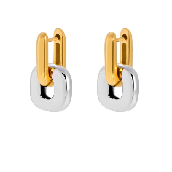 NEW 18K GOLD PLATED TWO TONE CHAIN LINK EARRINGS – MINIMALIST MODERN DESIGN - Picture 1 of 3